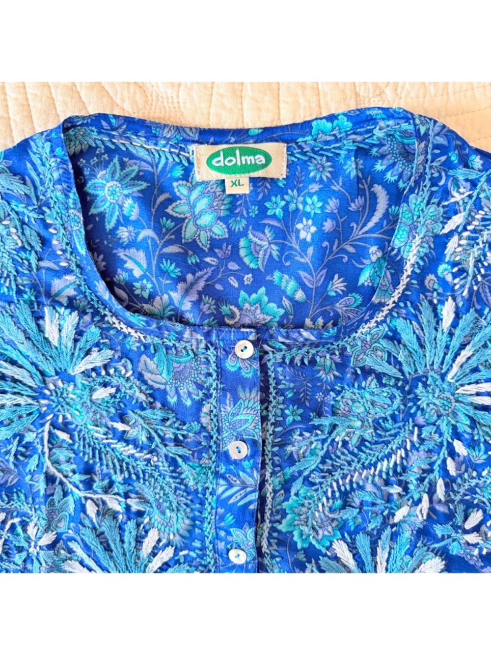 Dolma Blue 100% Silk Floral Embroidered Boho Coastal Resortwear Tunic XL - Picture 14 of 17
